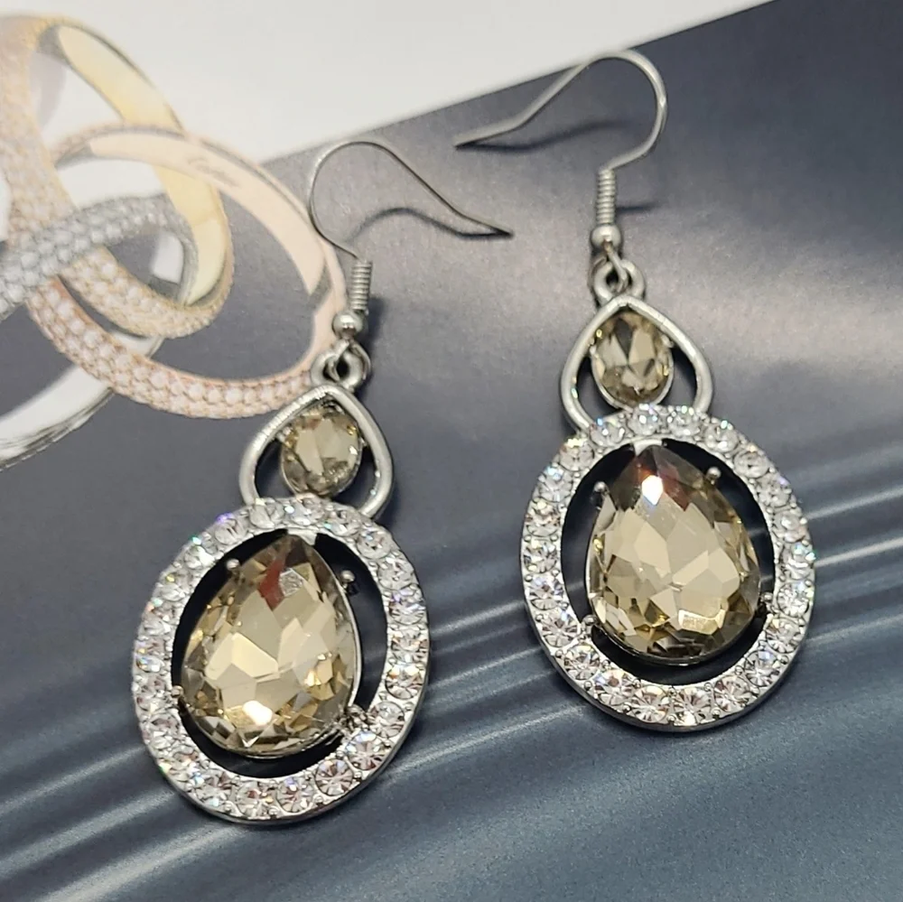 Vintage Champagne Crystal Silver Drop Earrings